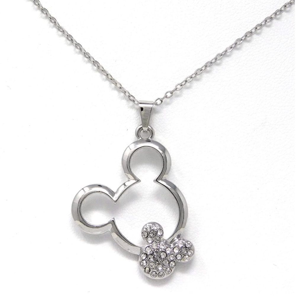 Silver and White Diamond Cubic Zirconia Mickey Mouse Pendant Necklace